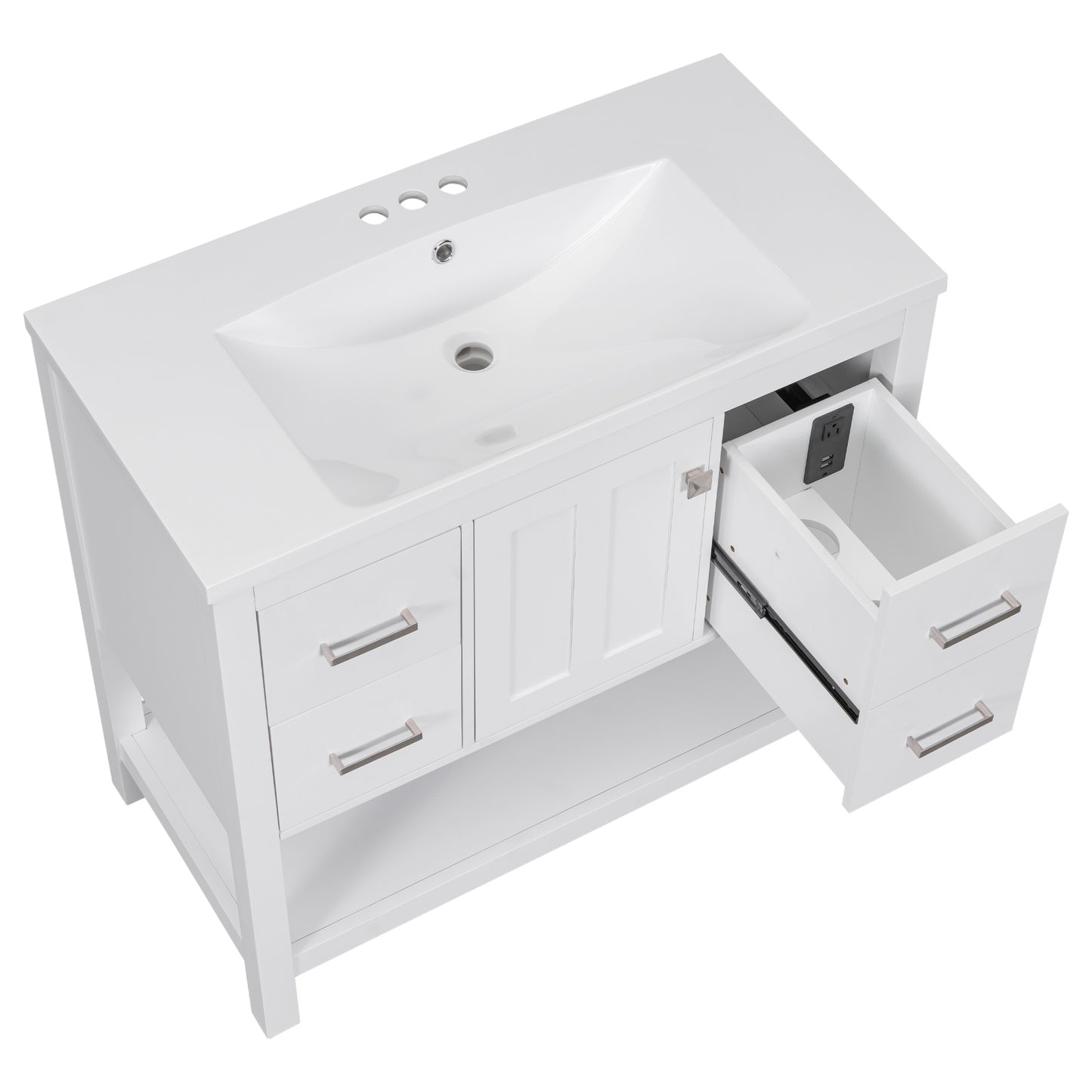 36" White Modern Bathroom Vanity with USB,Two Shallow Drawers, One Deep Drawer,One door,Single Resin Sink,Small Bathroom Organization Cabinet