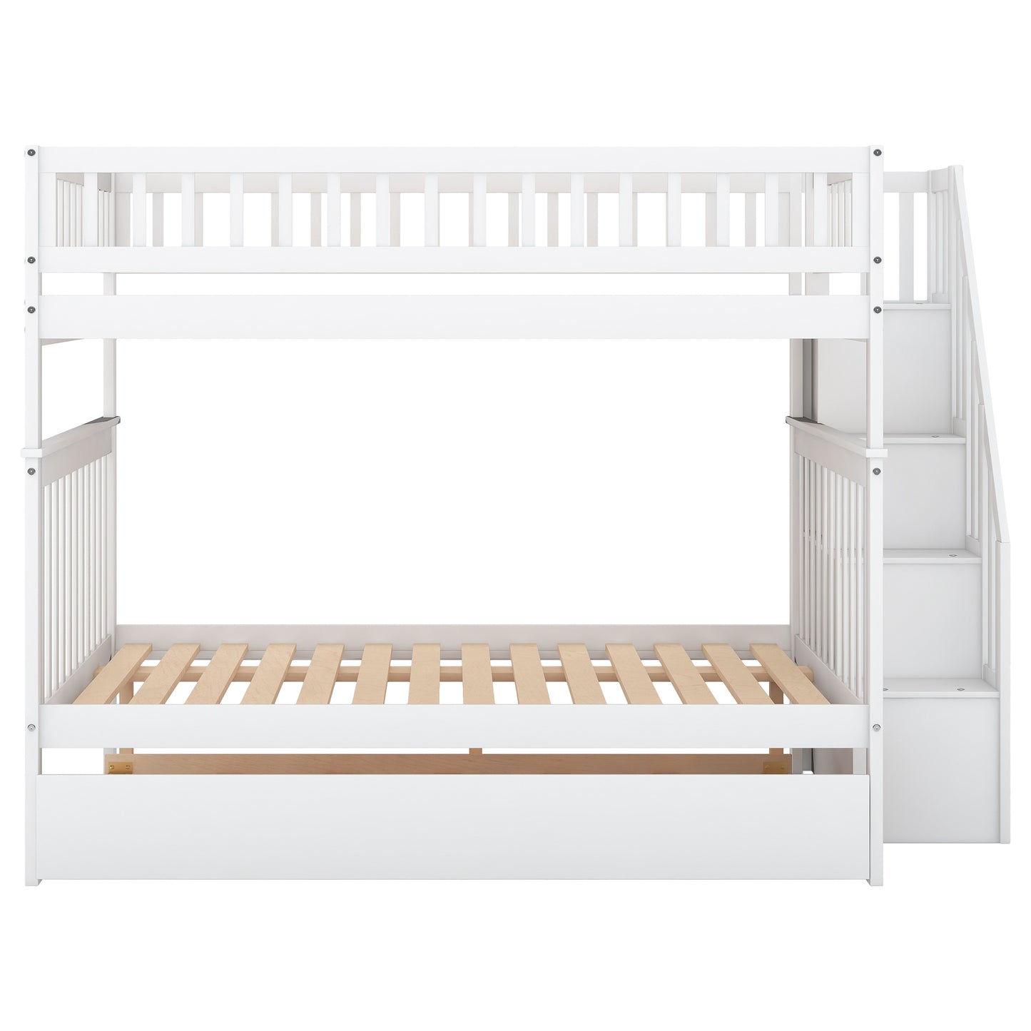 White Full over Full Bunk Bed with Trundle, Staircase, and Storage - Space-Saving Full Bunk Bed with Trundle