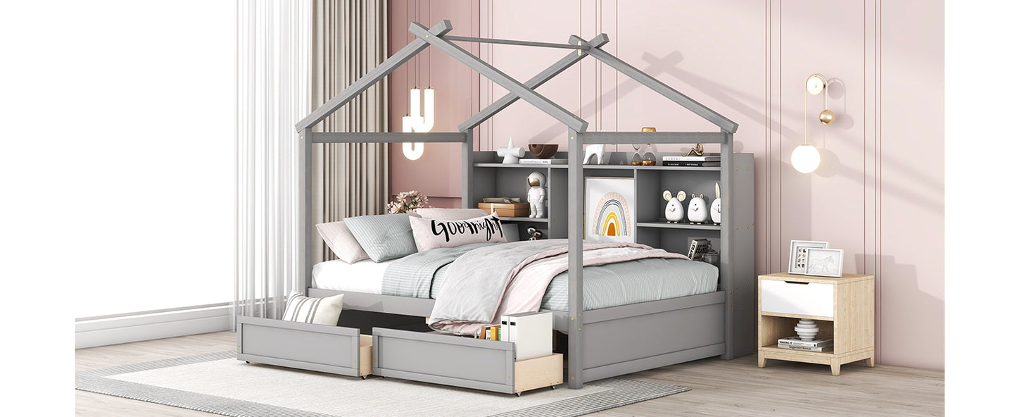 Full Size House Bed with Storage Shelves and 2 Drawers, Brushed Gray