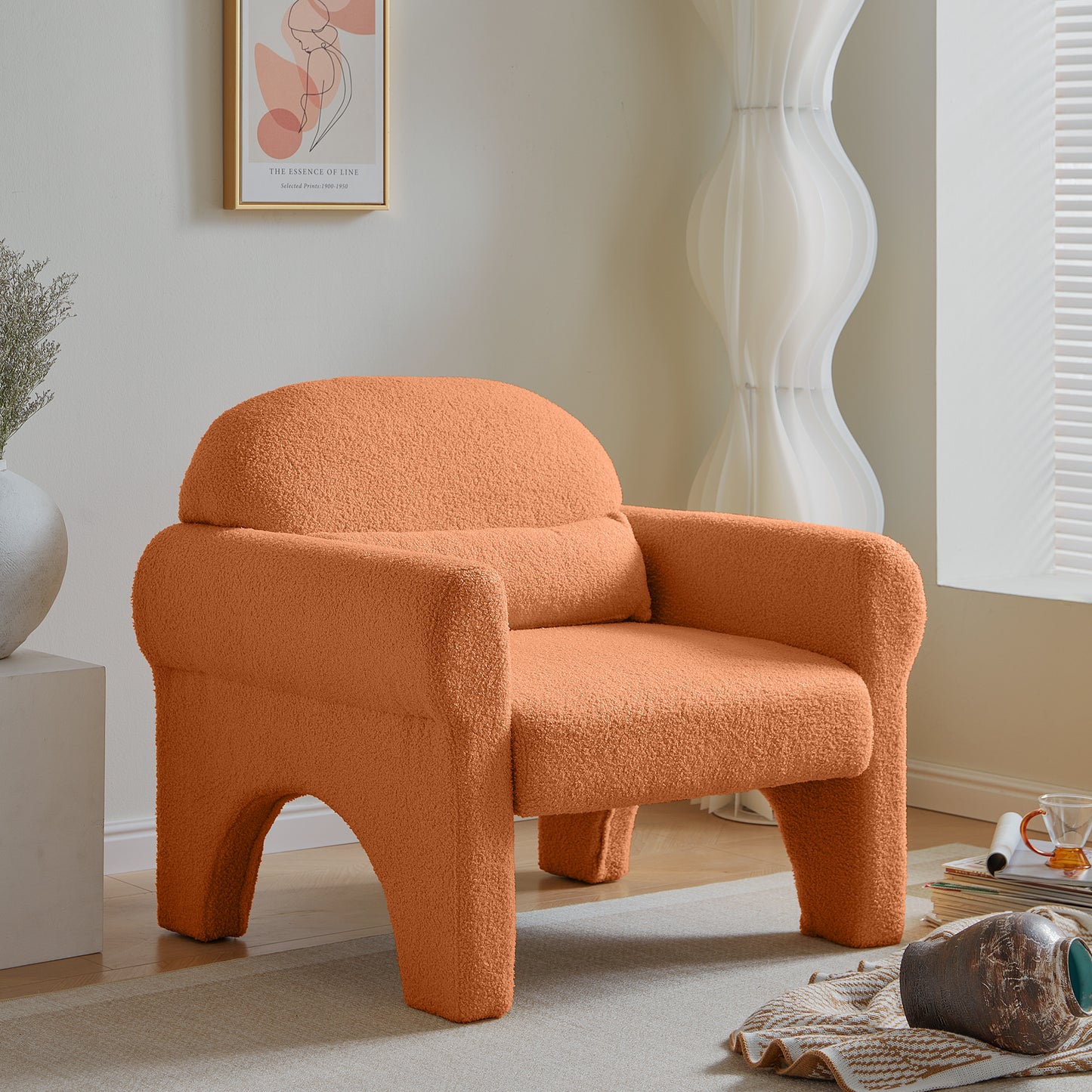 Modern teddy fabric accent chair with lumbar pillow for living room