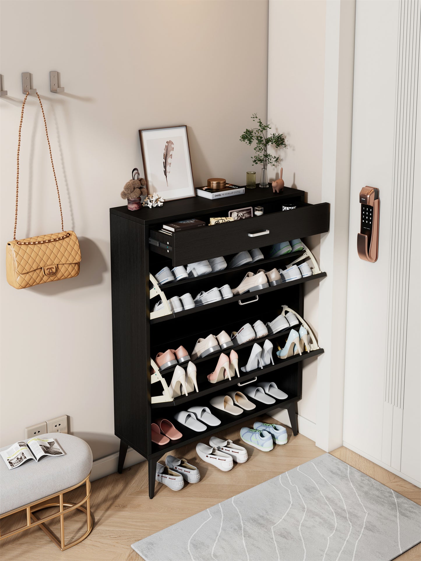 Shoe Cabinet , Shoe storage shelves, Black