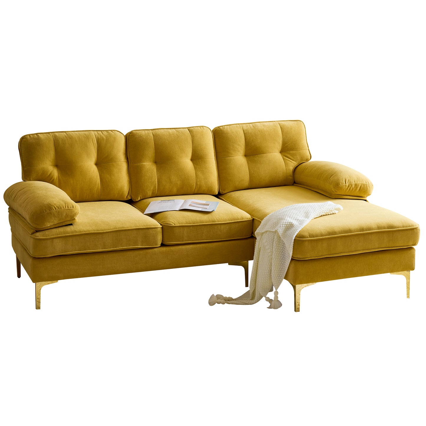 Modern Yellow Velvet L-Shaped Sectional Sofa for Living Room or Bedroom