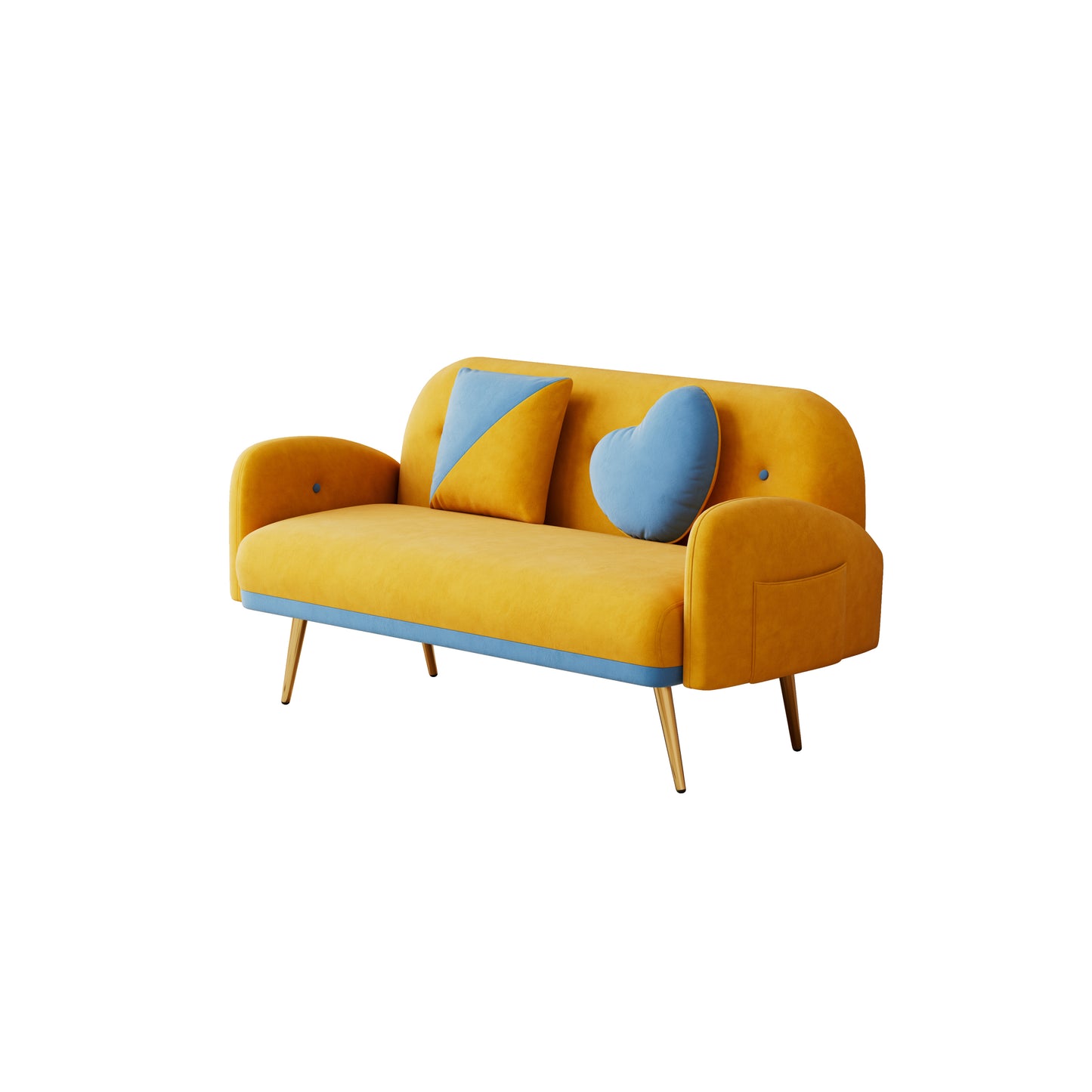 Yellow Velvet Sofa with Two Pillows for Small Spaces