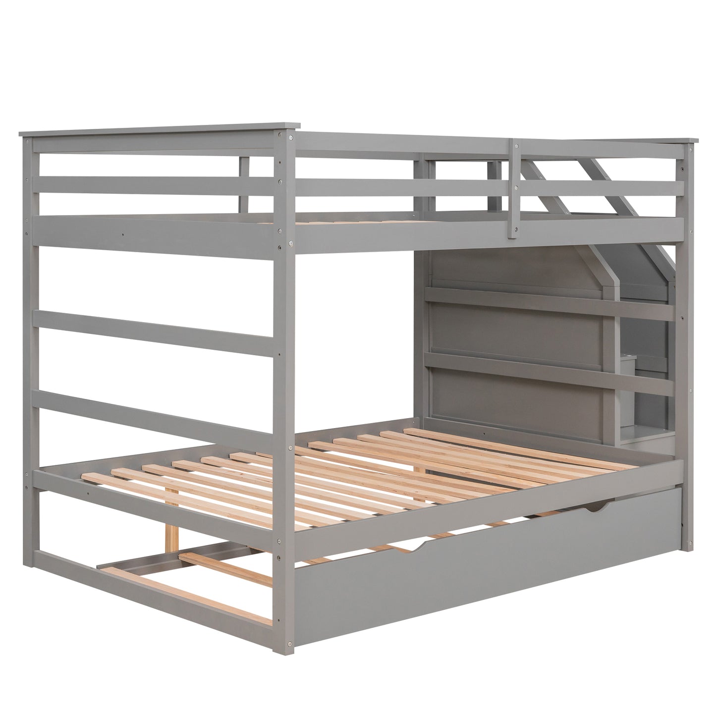 Gray Full Bunk Bed with Trundle and 3 Storage Stairs