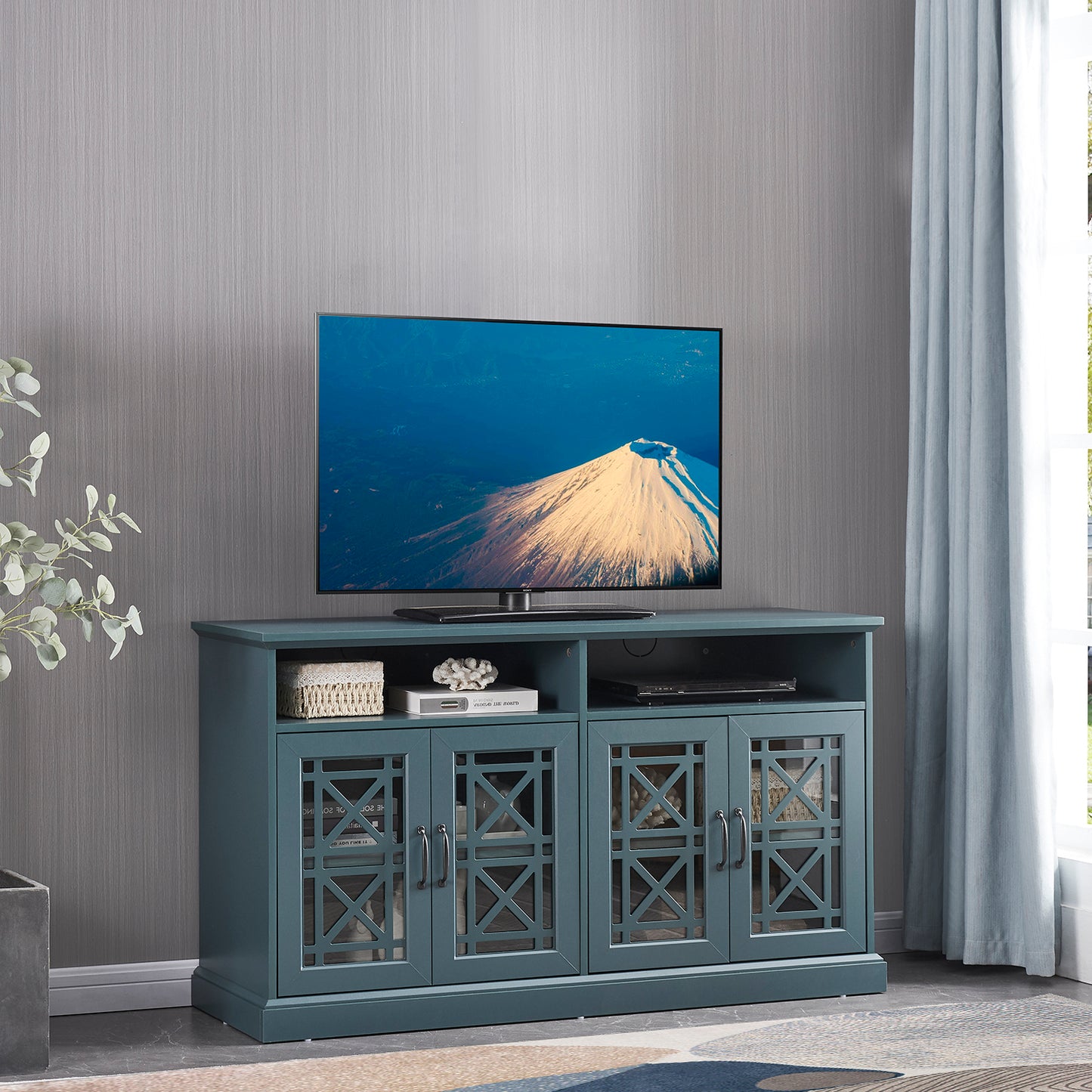 Versatile Teal Entertainment Console with Storage Buffet Cabinet