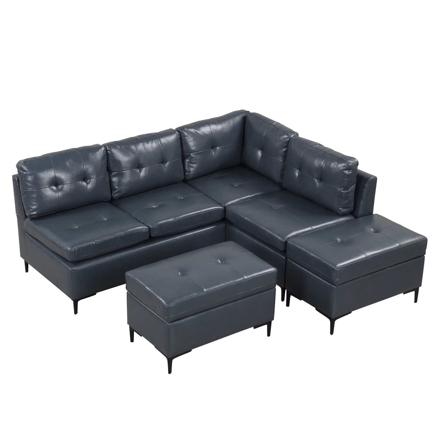 Blue L-Shaped Sectional Sofa Set with Movable Storage Ottomans