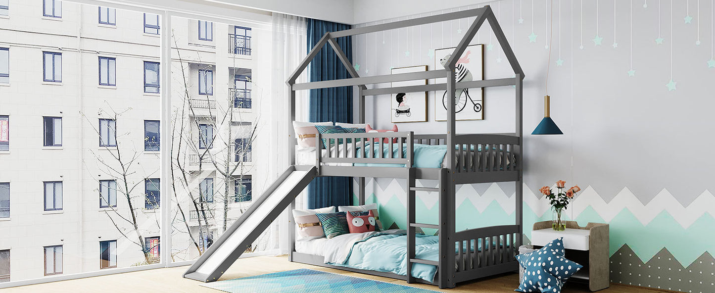 Bunk Bed with Playhouse Design and Slide