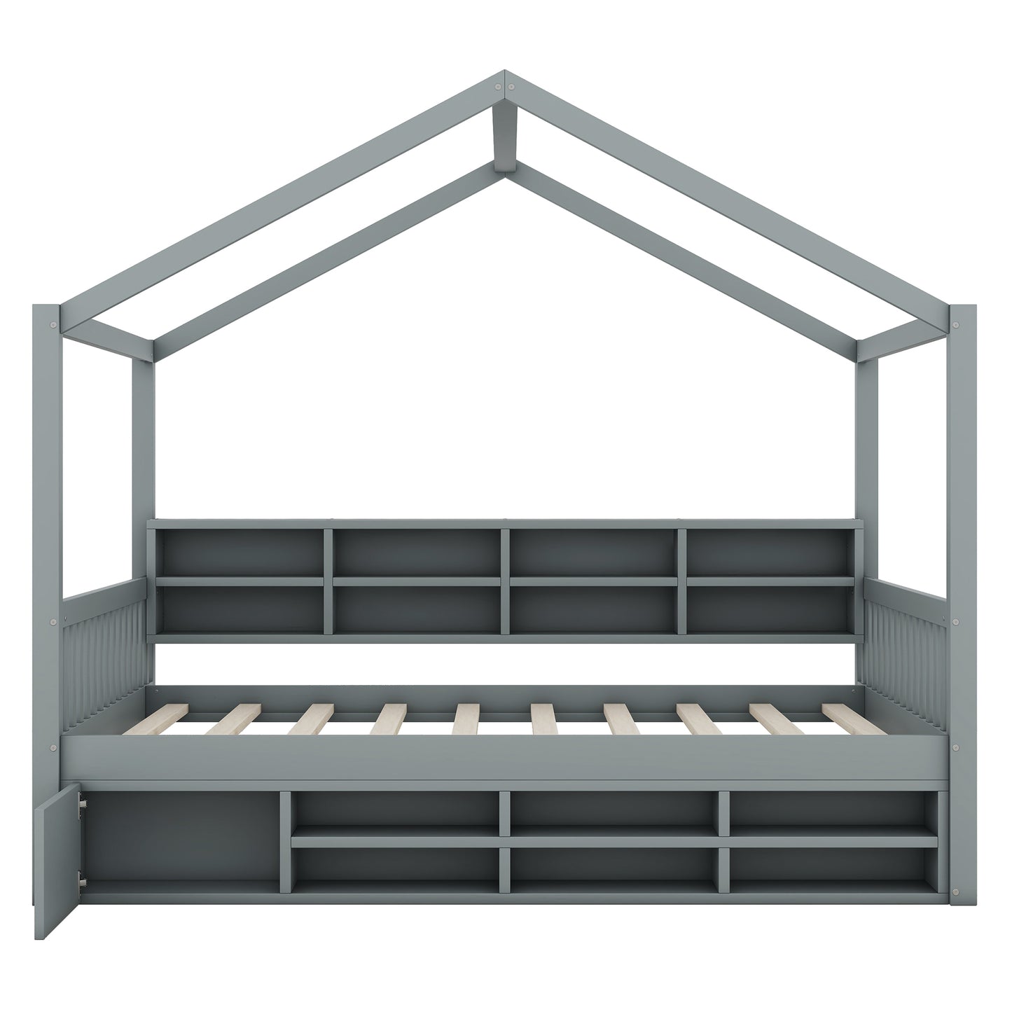 Full Size Wooden House Bed with Shelves and a Mini-cabinet, Gray