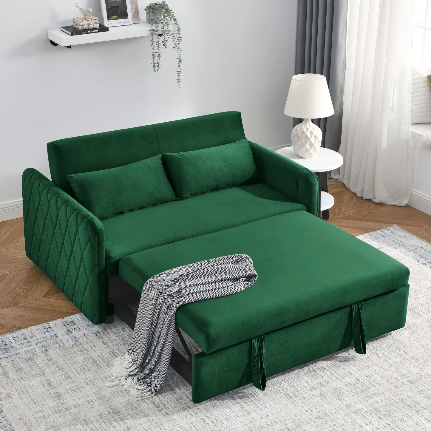 Modern 55 Velvet Convertible Sofa Bed with Adjustable Backrest and Arm Pockets