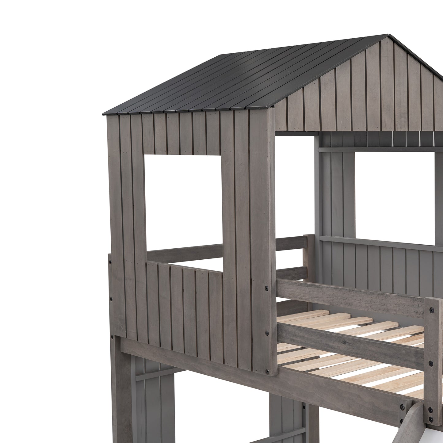 Playhouse Twin Over Full Bunk Bed with Ladder, Slide, and Guardrails in Farmhouse Style