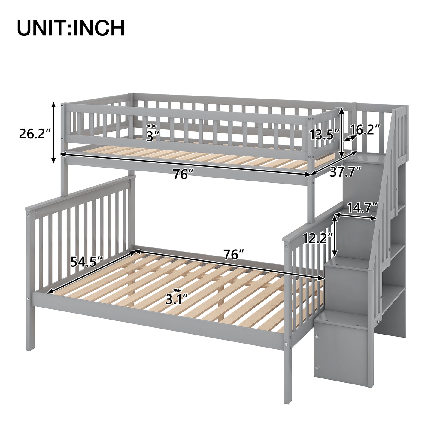 Gray Twin Over Full Storage Bunk Bed with Stairway