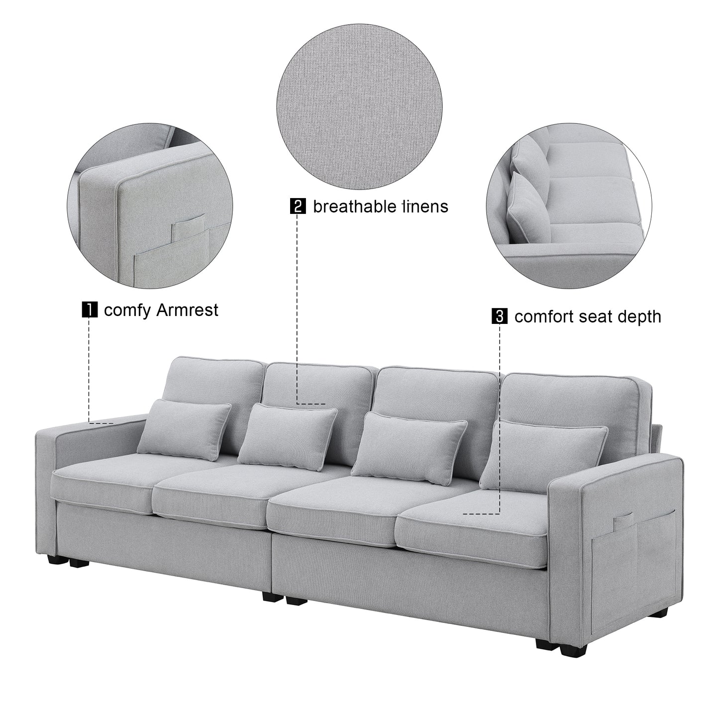 Spacious 4-Seater Linen Fabric Sofa with Armrest Pockets and 4 Pillows