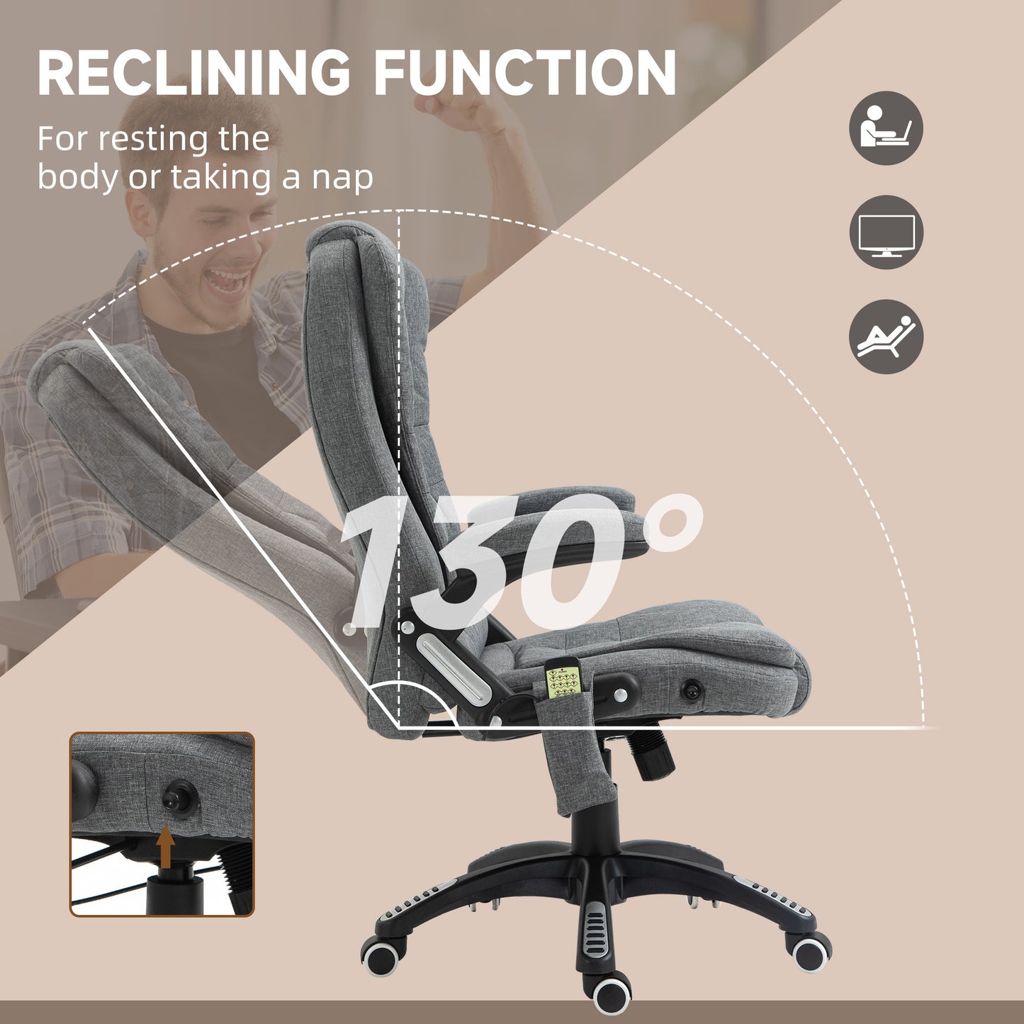 Vinsetto 6 Point Vibration Massage Office Chair with Heat, High Back Executive Office Chair with Padded Armrests, Linen Reclining Computer Chair, Deep Gray