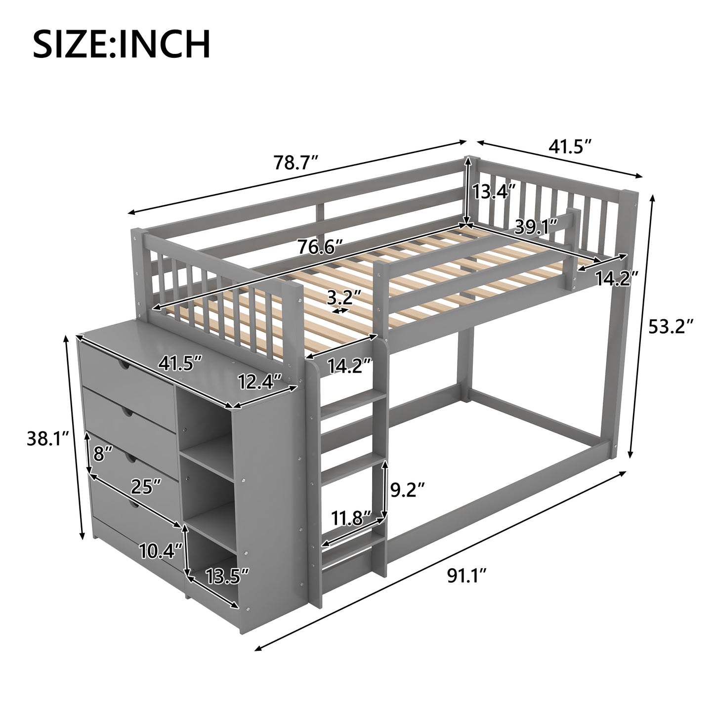 Gray Space-Saving Twin Bunk Bed with Storage Cabinet and Shelves