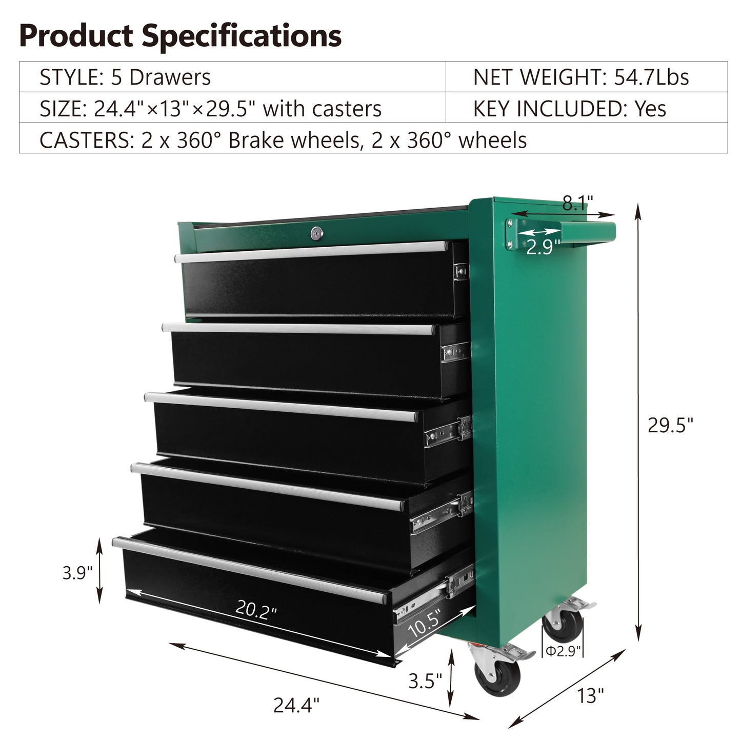 5-Drawers Rolling Tool Chest,Tool Cabinet on Wheels with Keyed Locking System and Drawer Liners,Tool Chest with Link Buckle and can be Combined to Large Cabinet Set,for Warehouse,Garage