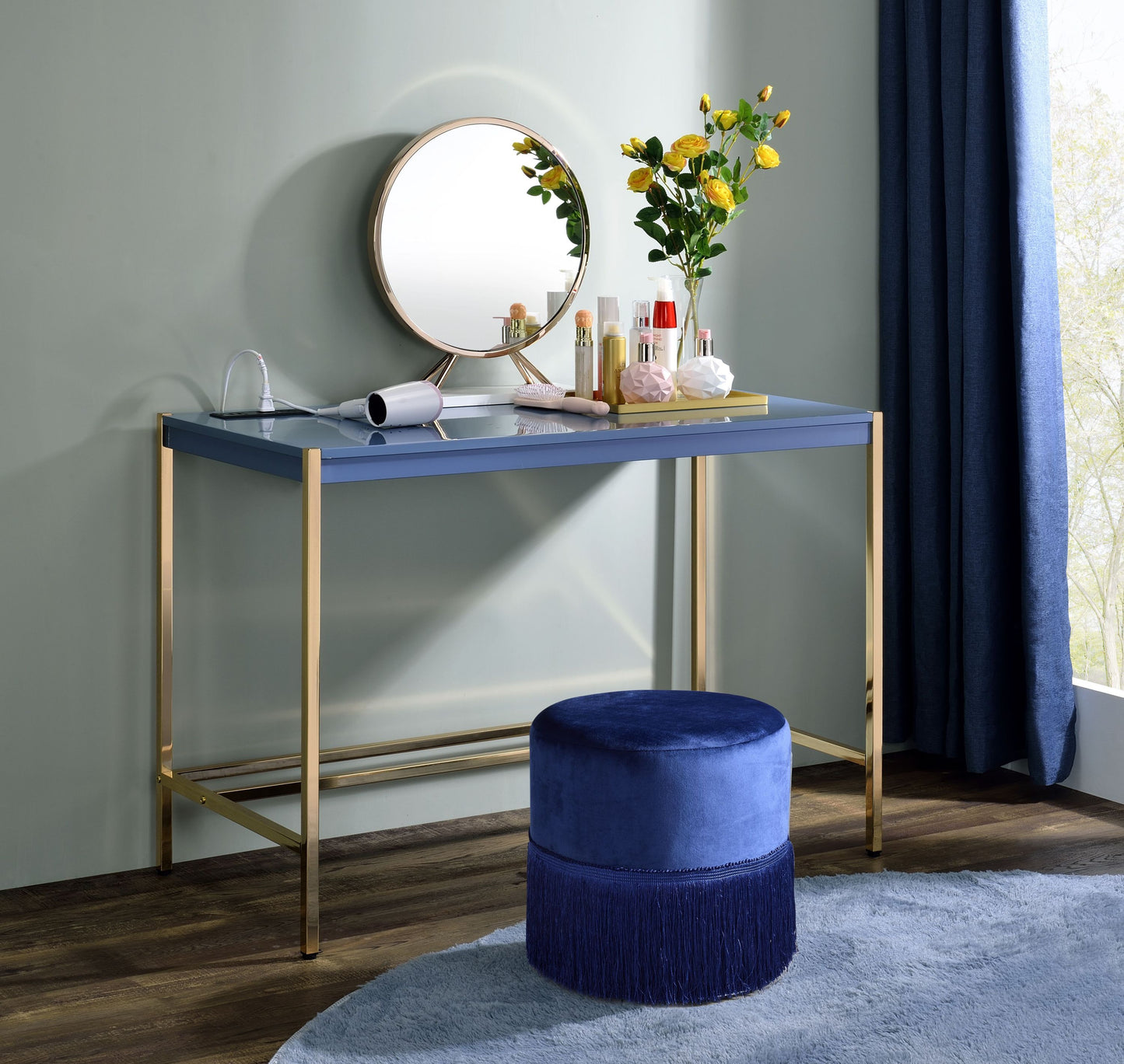 Navy Blue and Gold Writing Desk with USB Port: A Stylish and Functional Workspace Upgrade