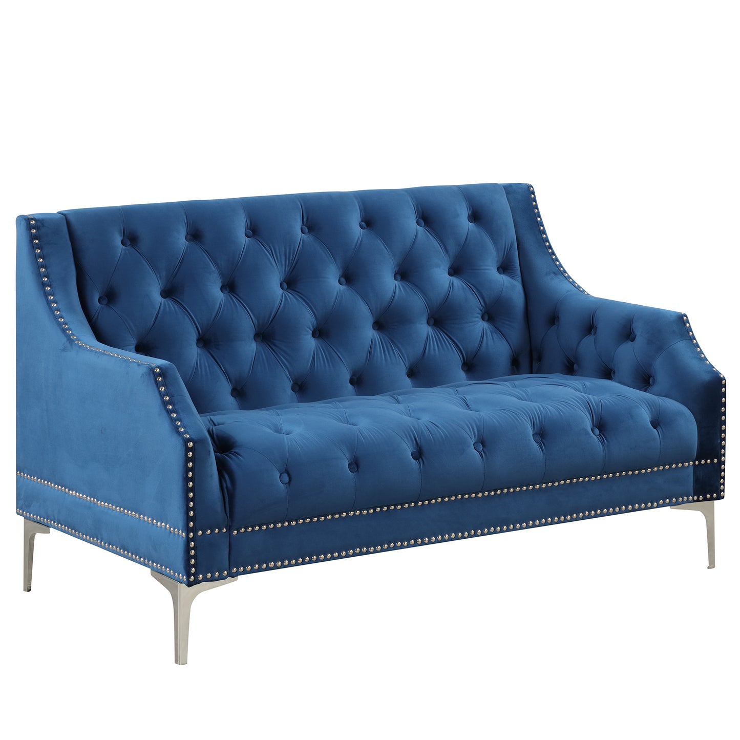 Button Tufted Back Blue Modern Sofa with Metal Legs and Plush Upholstery - 55.5