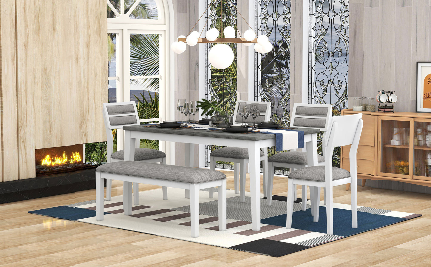 TREXM Classic and Traditional Style 6 - Piece Dining Set, Includes Dining Table, 4 Upholstered Chairs & Bench (White+Gray)