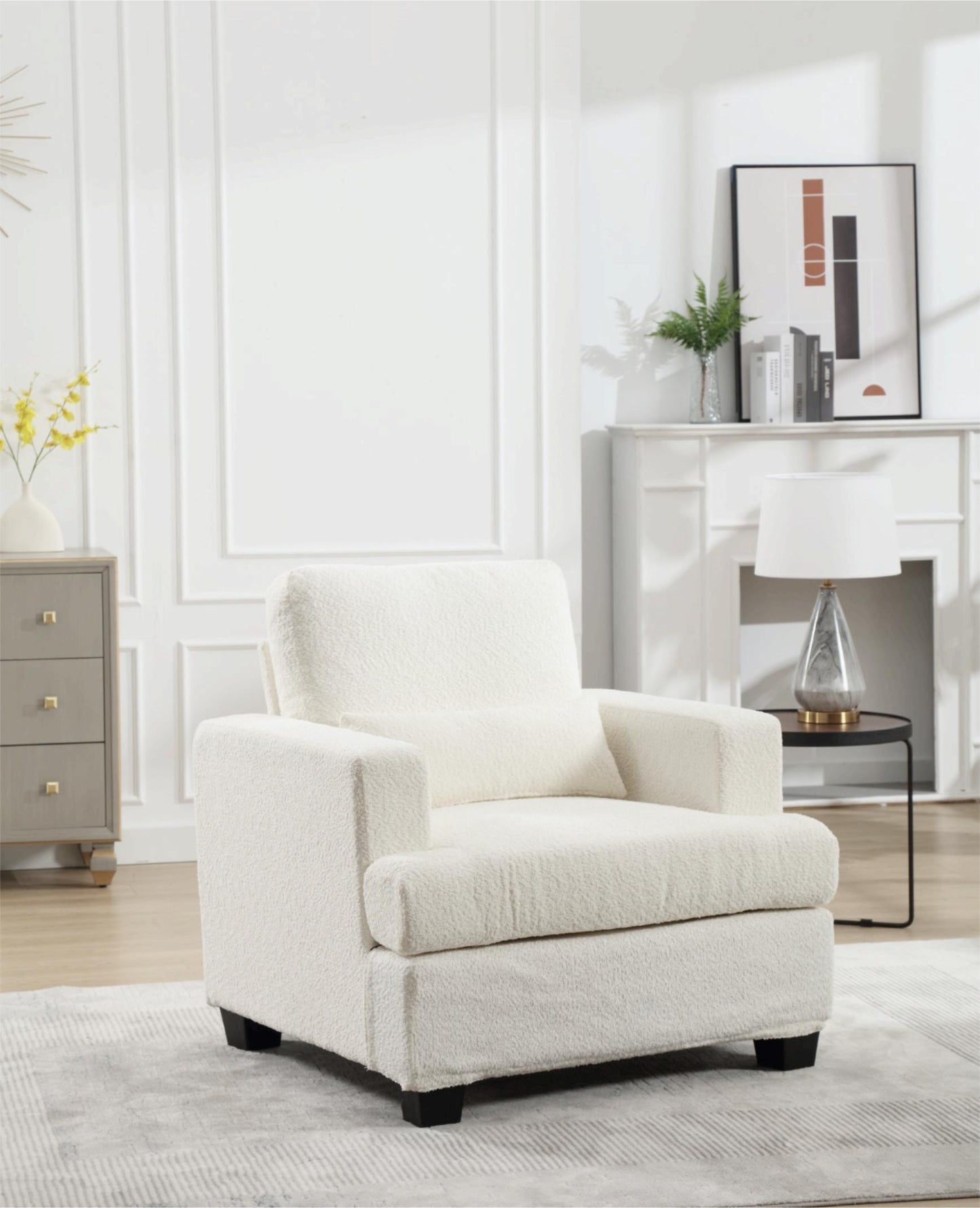 Contemporary 37 Modern Chair with Square Armrest, Removable Back Cushion, and Waist Pillow (White & Gray Fabric)