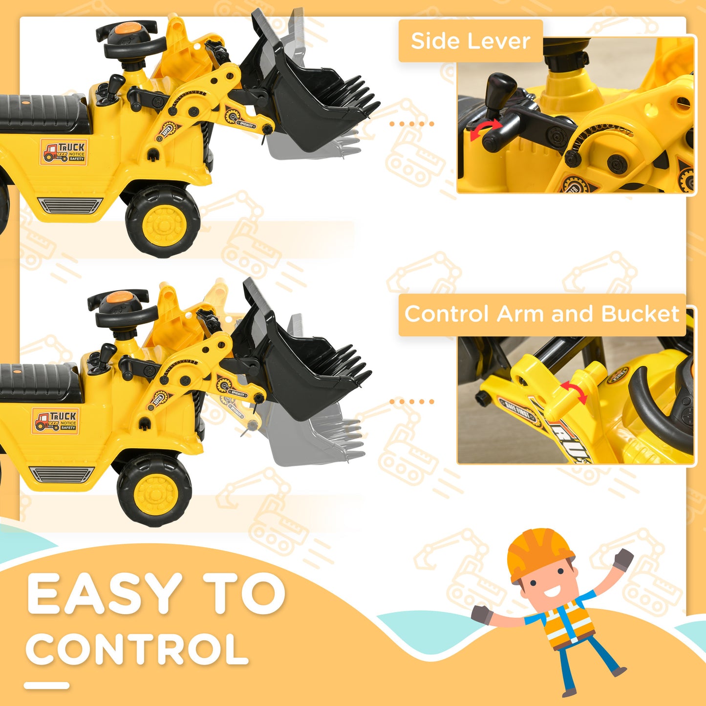 Ride On Excavator with Under Seat Storage, Pull Cart Kids Bulldozer for Boys & Girls, Sit and Scoot Construction Toy with Horn, Front Loader Shovel, for Sand and Snow, Ages 3 Years Old