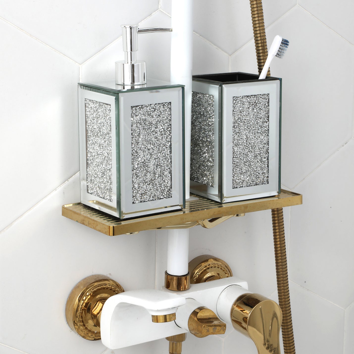 Elegant Glass Bathroom Soap Dispenser and Toothbrush Holder Set with Sophisticated Ambrose Design