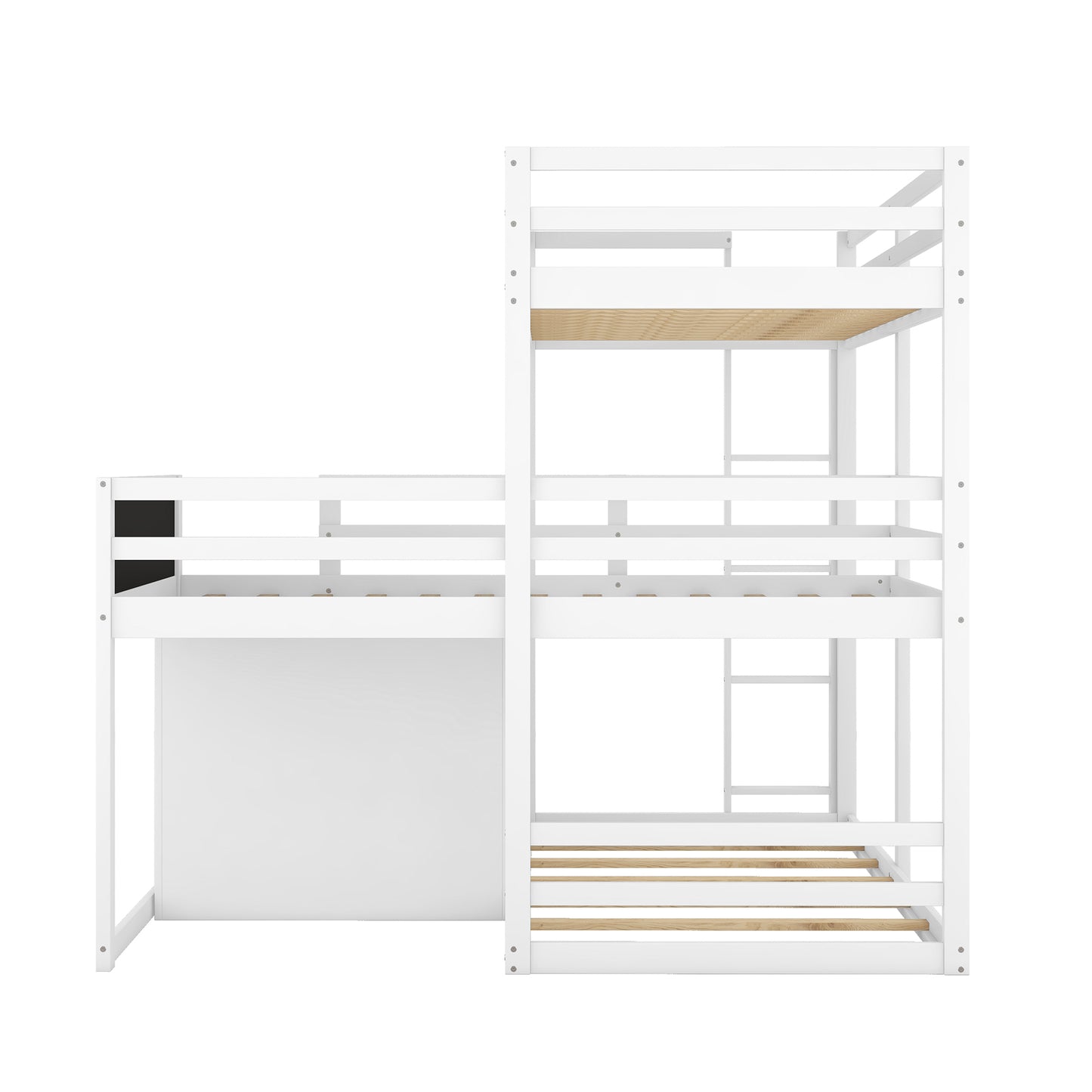 L-Shaped Triple Bunk Bed with Storage Cabinet, Blackboard, and White Finish - Innovative Space-Saving Solution