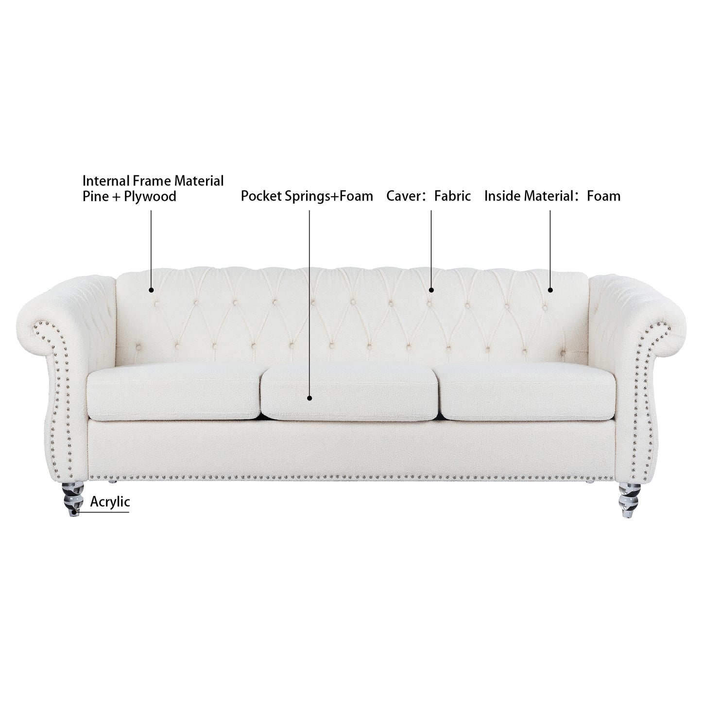 84.65-Inch Rolled Arm Chesterfield 3 Seater Sofa