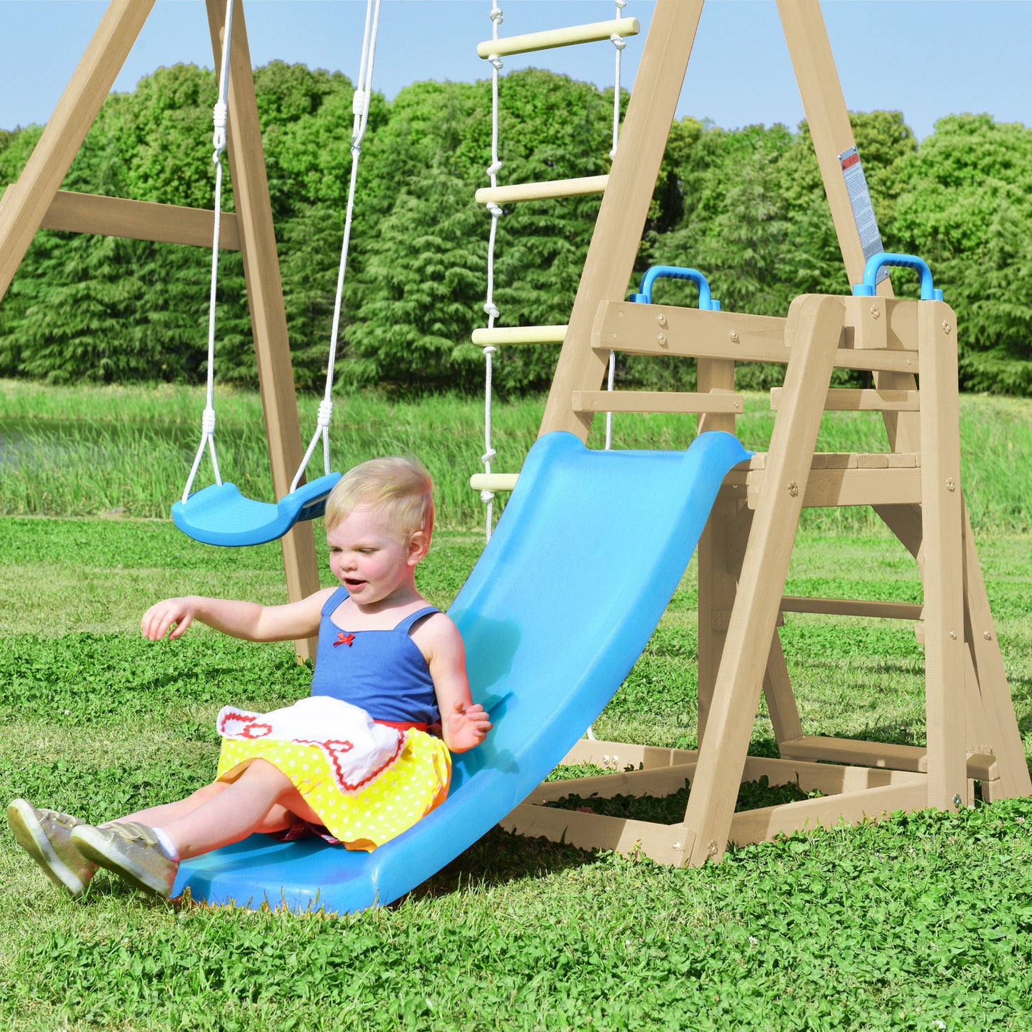 Wooden Swing Set with Slide and Climbing Rope Ladder for Toddler and Kids