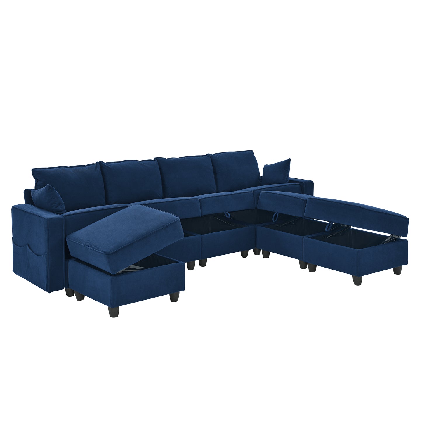 Sectional Modular Sofa, 7 Storage Seat Sofa Bed Couch for Living Room, Navy Blue Corduroy Velvet