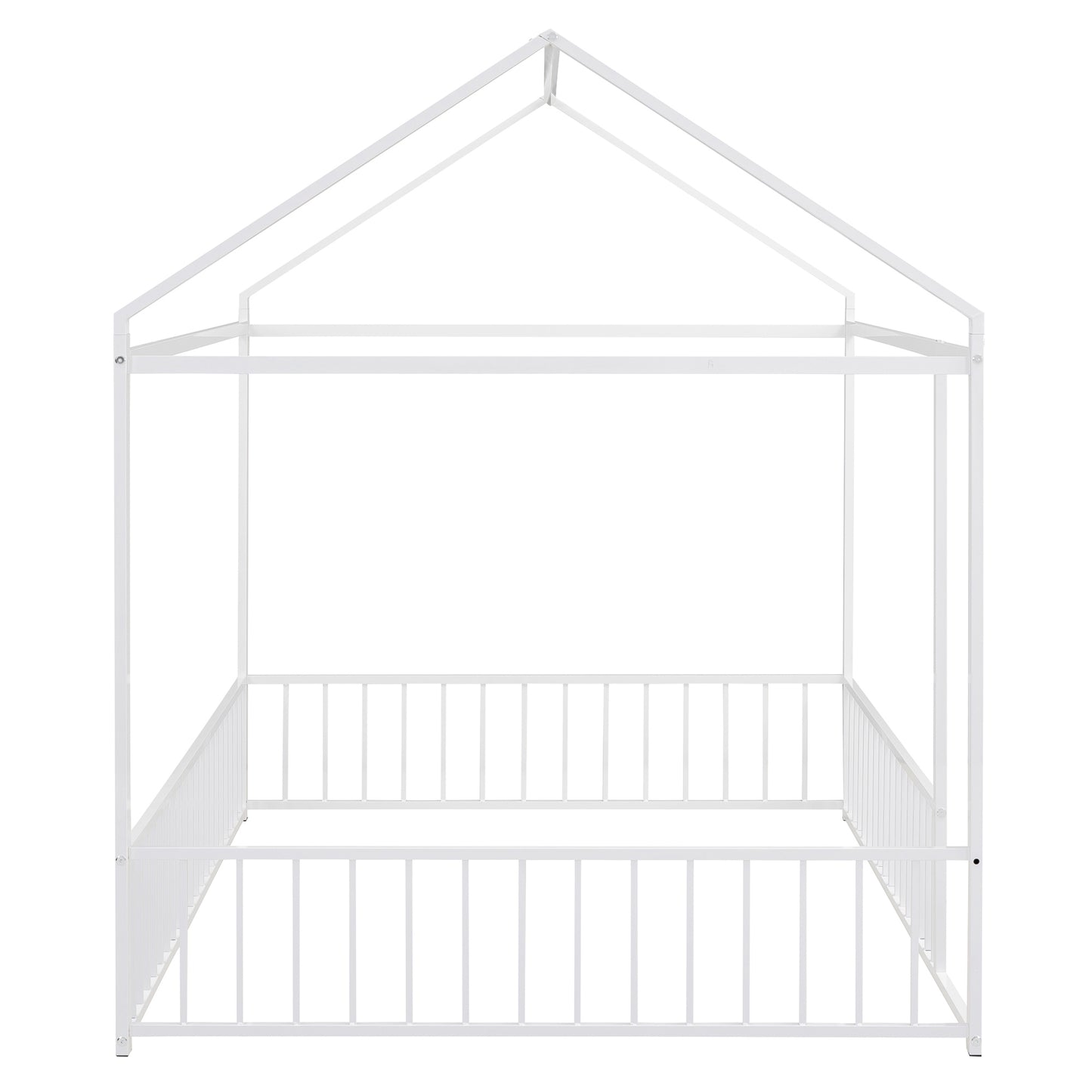 Full Size Metal Bed House Bed Frame with Fence, for Kids, Teens, Girls, Boys,White