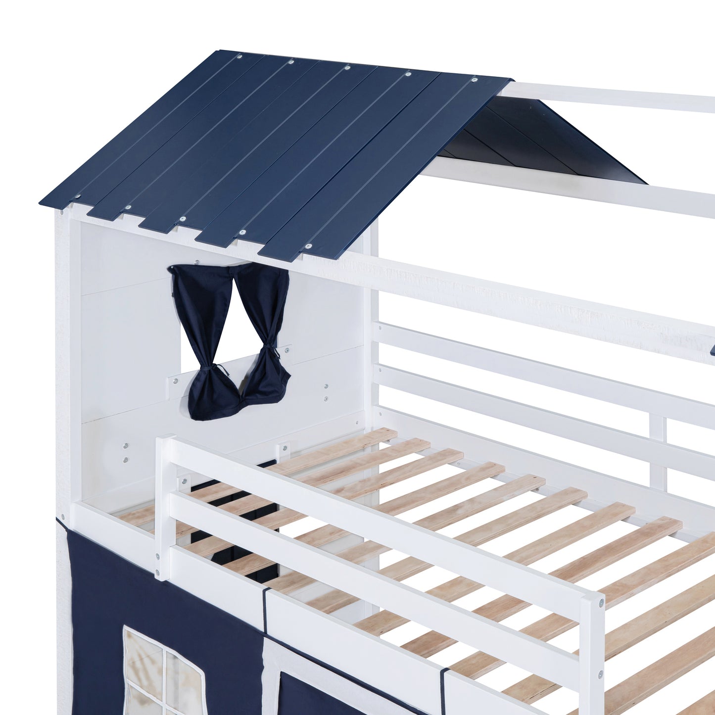 Twin Size Bunk Wood House Bed with Elegant Windows, Sills and Tent,  Blue+White