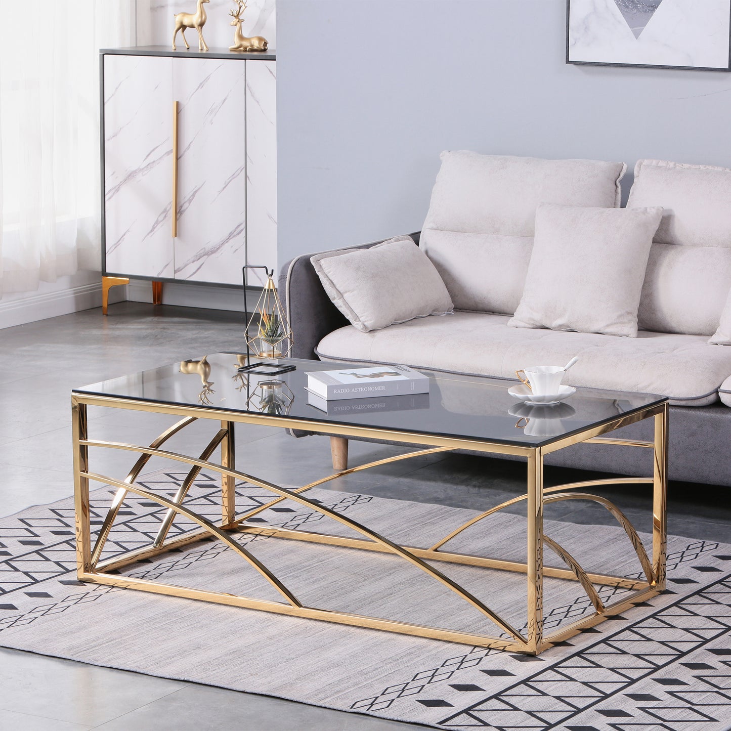 Elegant Gold Stainless Steel and Blue Gray Glass Coffee Table for Modern Living Room