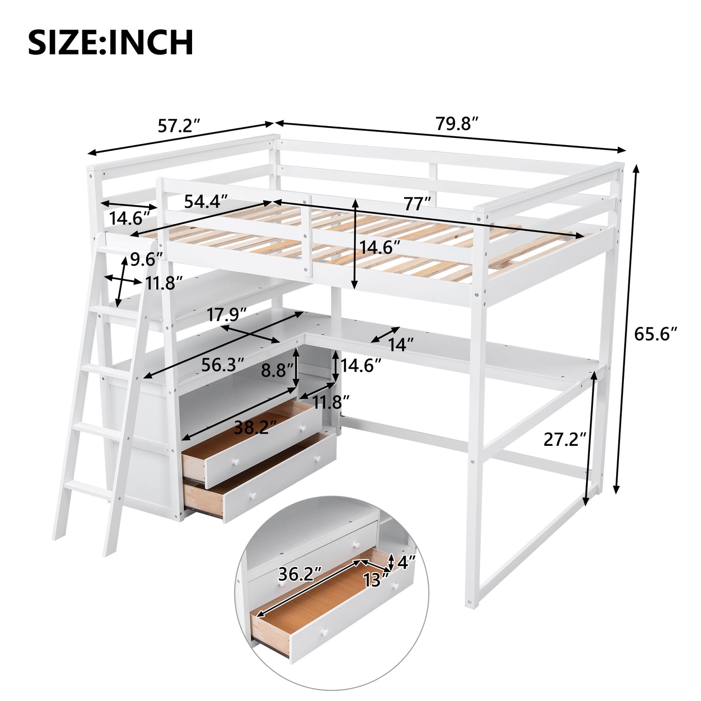 Full Size Loft Bed with Desk and Shelves,Two Built-in Drawers,White(: SM000416AAK)