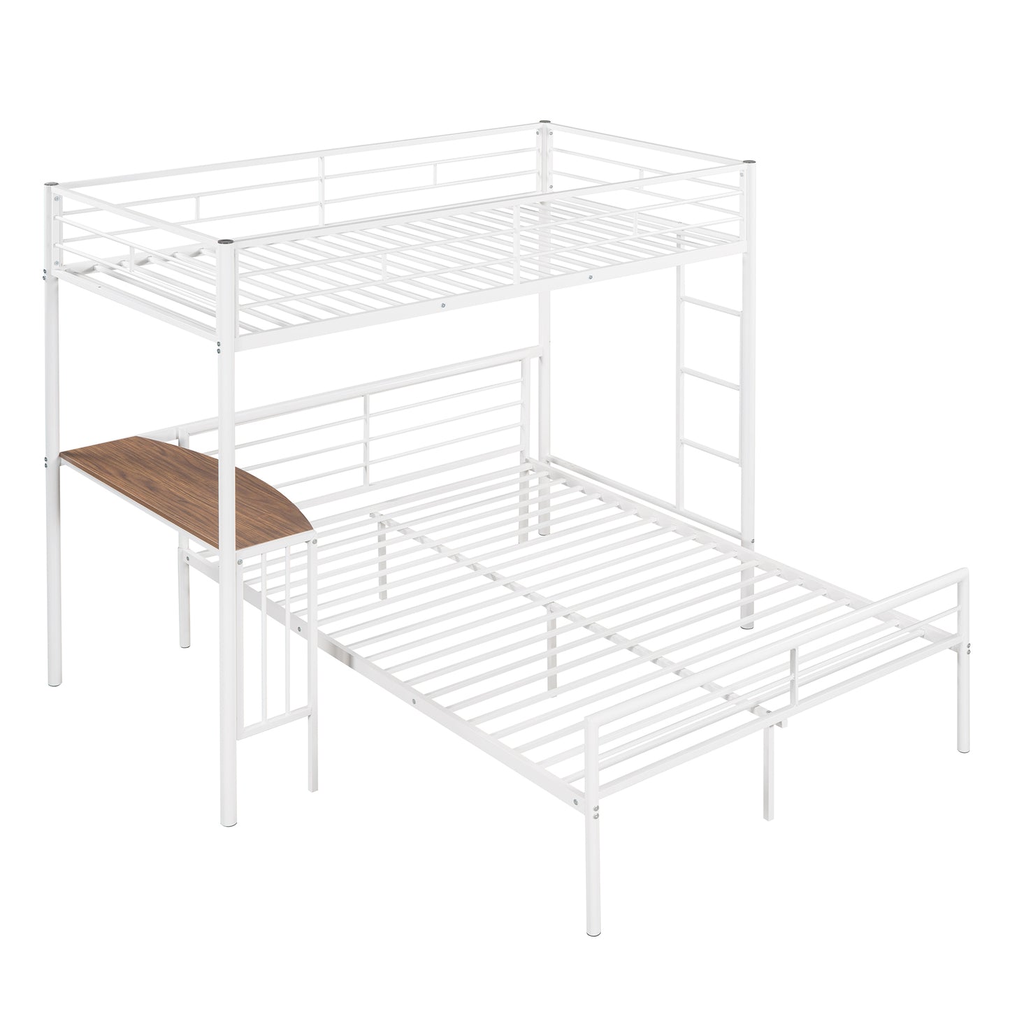 Metallic White Twin Over Full Bunk Bed with Desk and Ladder