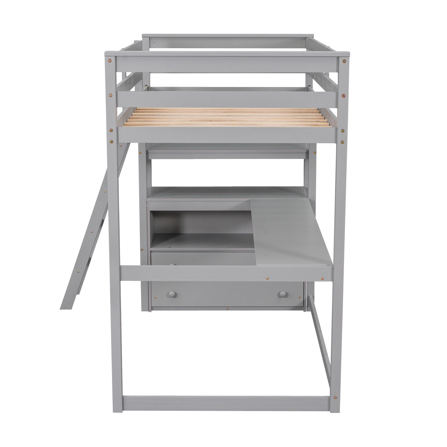 Twin Size Loft Bed with Desk and Shelves, Two Built-in Drawers, Gray(:GX000803AAE-1)