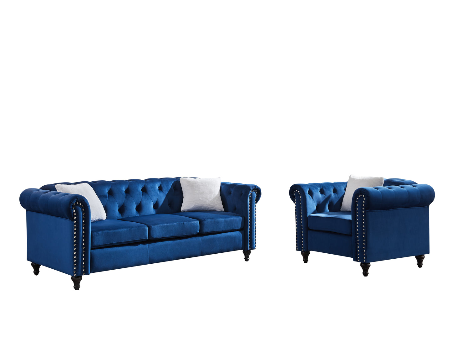 Blue Velvet 3 Piece Living Room Sofa Set with Button Tufting and Copper Nail Accents