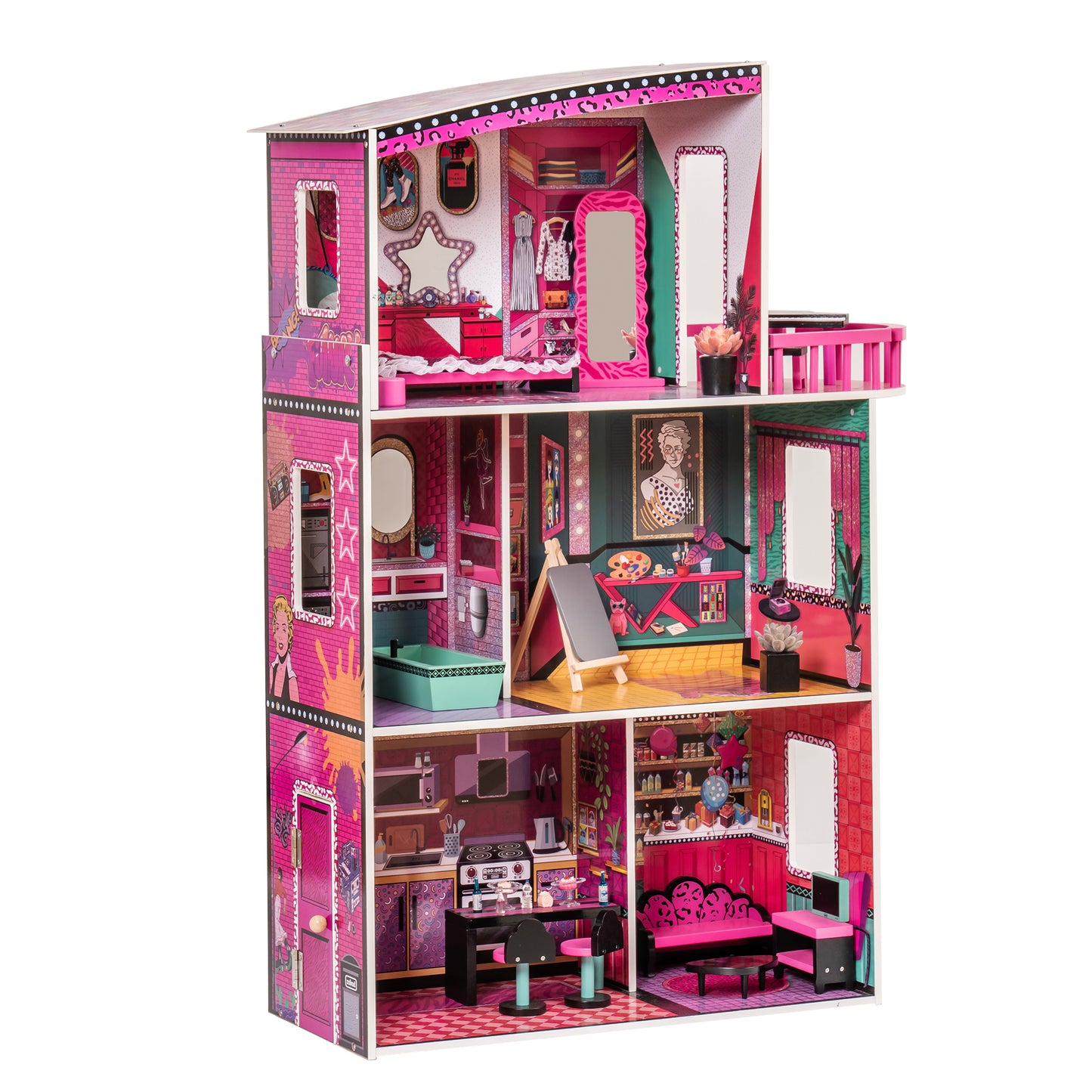 Vintage 90's Inspired Wooden Dollhouse with 25 PCS Furniture and Accessories