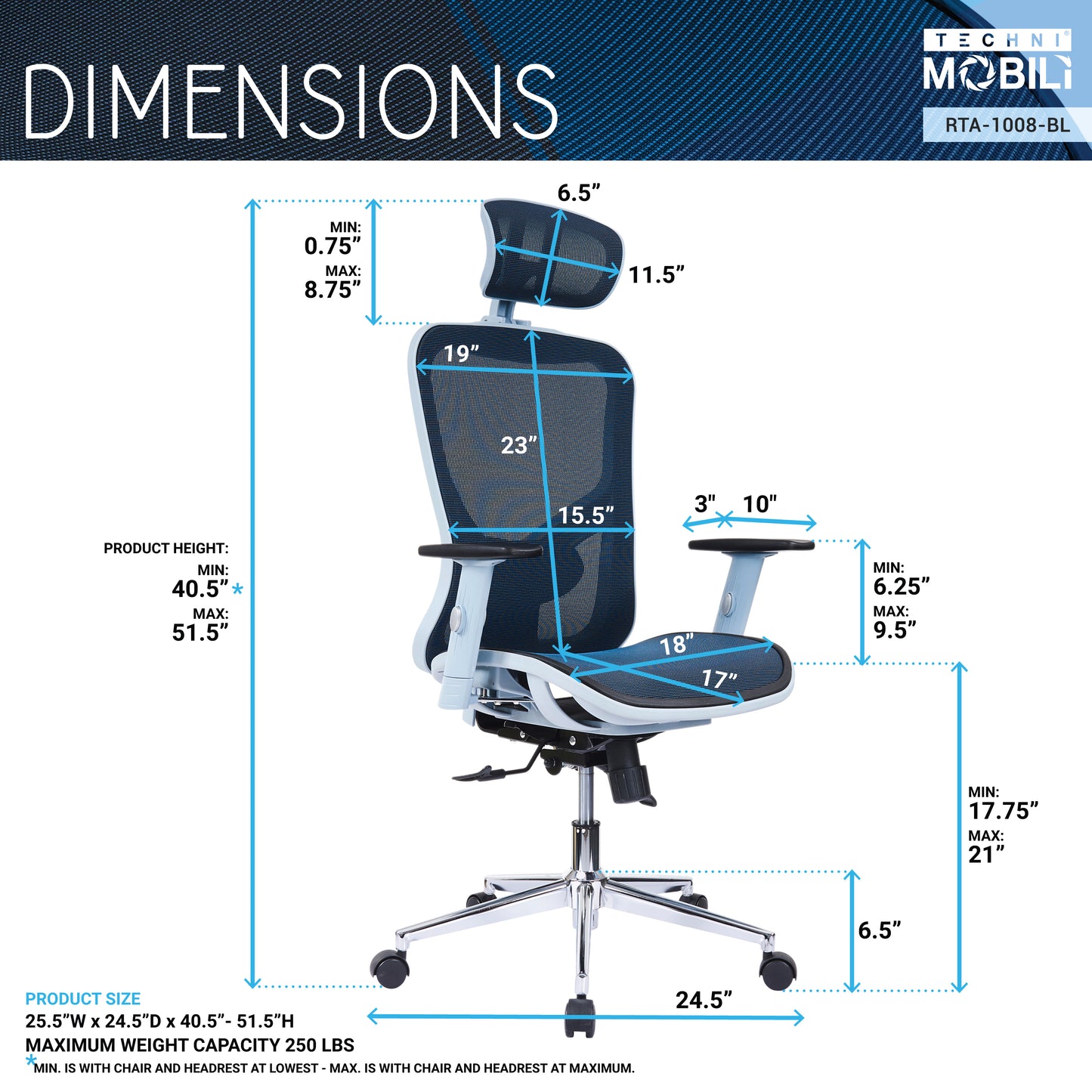 High Back Executive Mesh Office Chair with Arms, Headrest and Lumbar Support, Blue