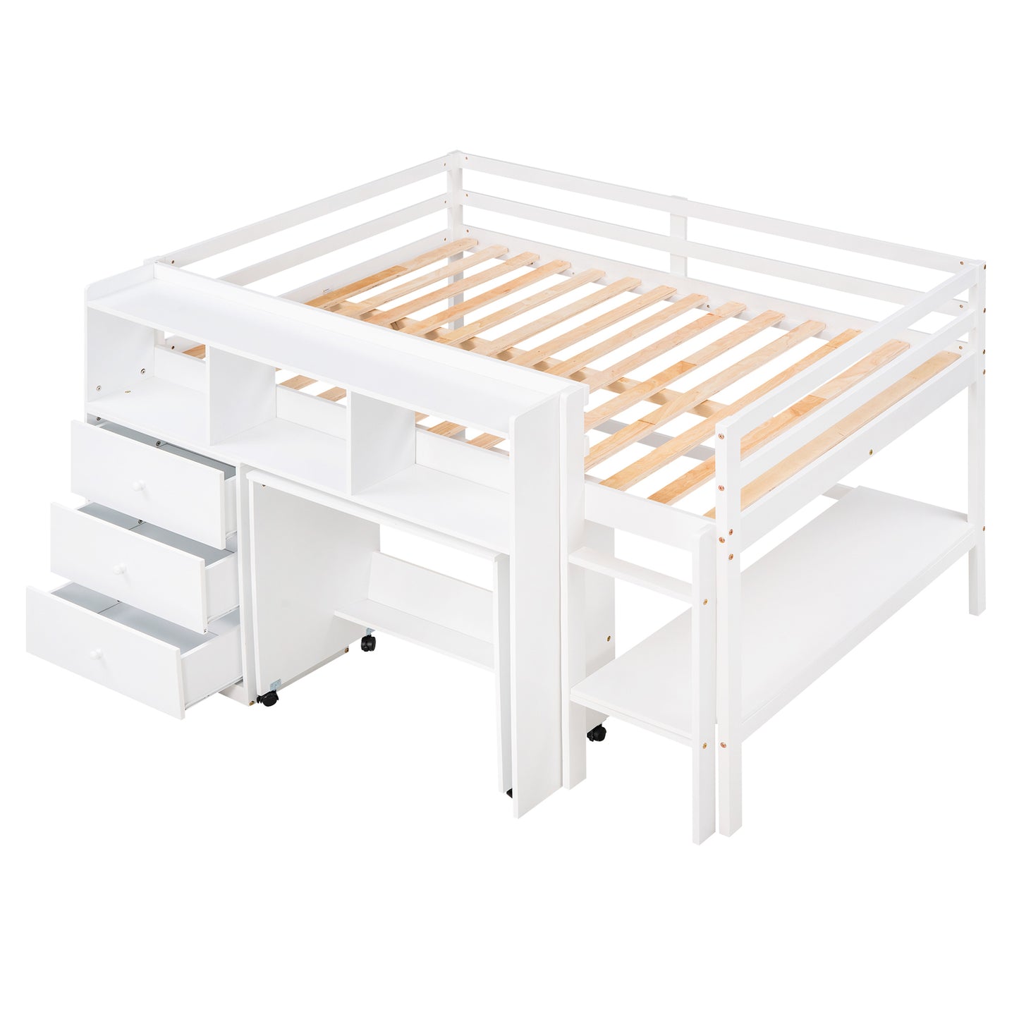 Full Size Low Loft Bed with Rolling Portable Desk, Drawers and Shelves, White(: GX000711AAK)