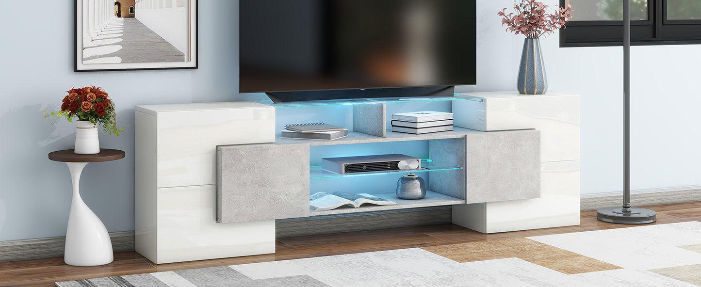 Elegant Grey TV Stand with LED Lights and Glass Shelves for TVs Up to 80 Inches