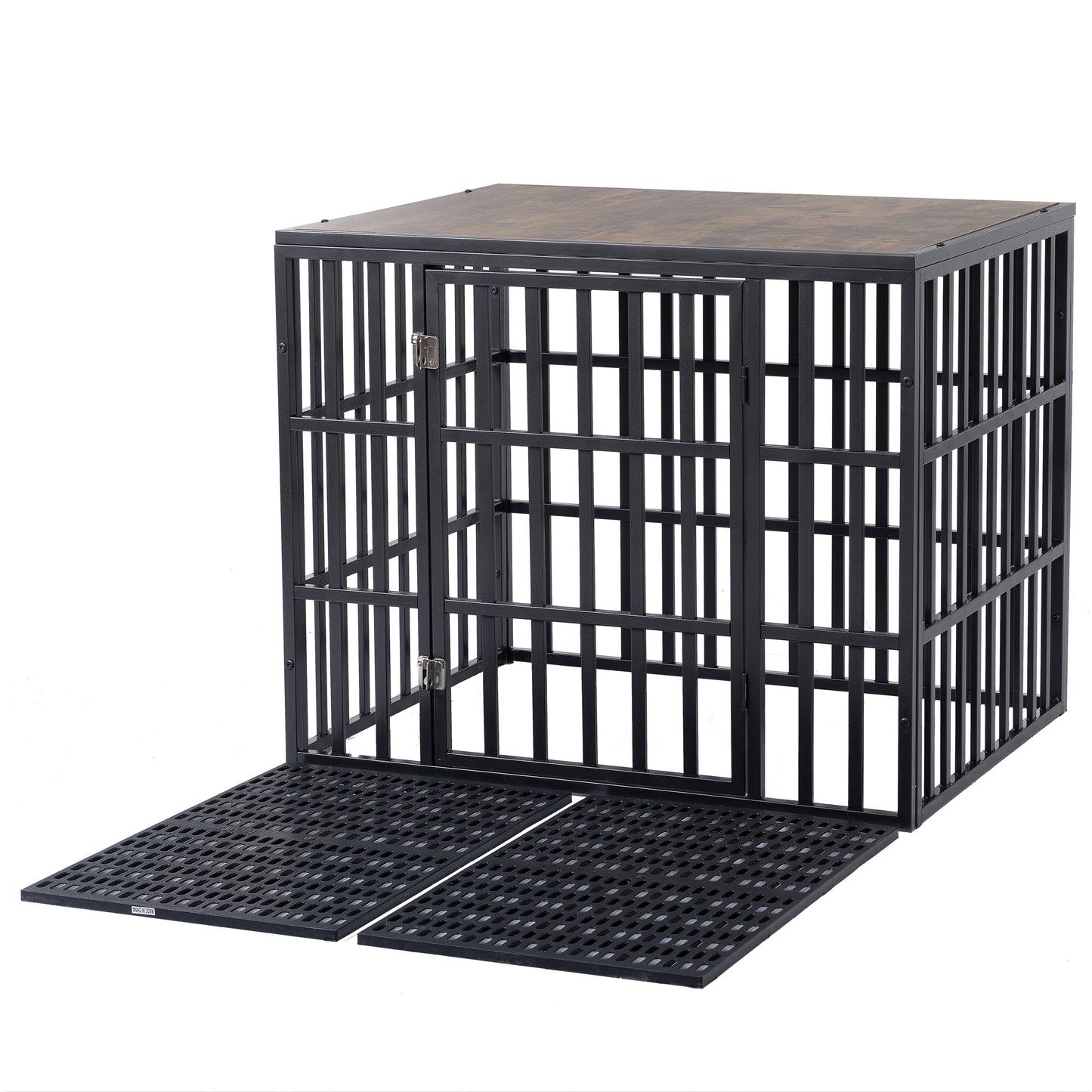 NEW HEAVY DUTY DOG CRATE FURNITURE FOR LARGE DOGS WOOD & STEEL DESIGN DOG CAGE INDOOR & OUTDOOR PET KENNEL 38X30X32INCH PET PLAYPEN WITH COVER METAL DOG FENCE CRATE BLACK