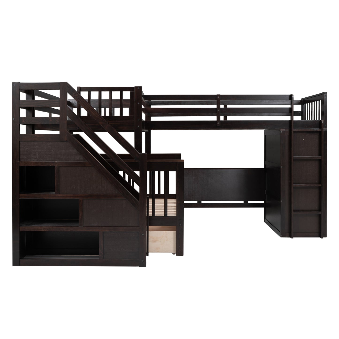 Espresso L-Shaped Bunk Bed with Storage Drawers, Desk, Wardrobe and Maximized Space