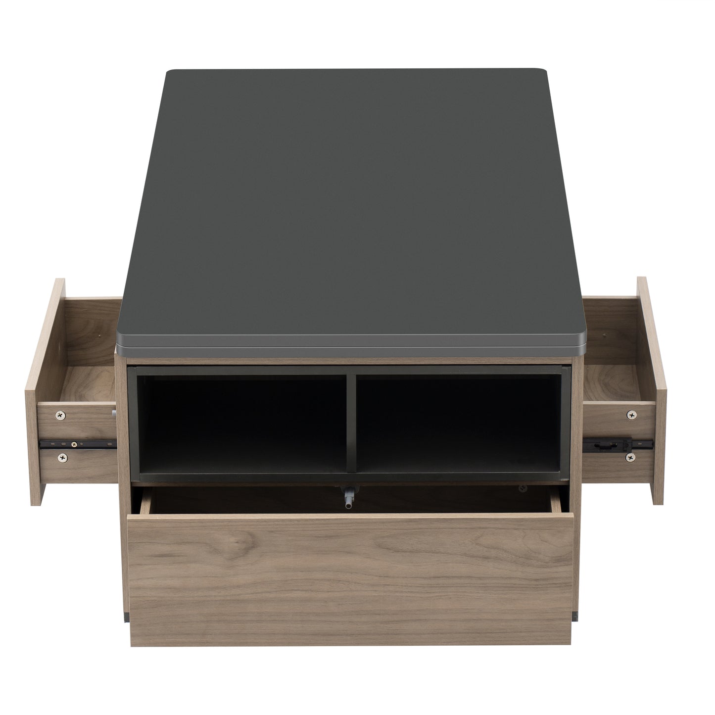 Walnut and Black Lift Top Coffee Table with Multi Functional Drawers