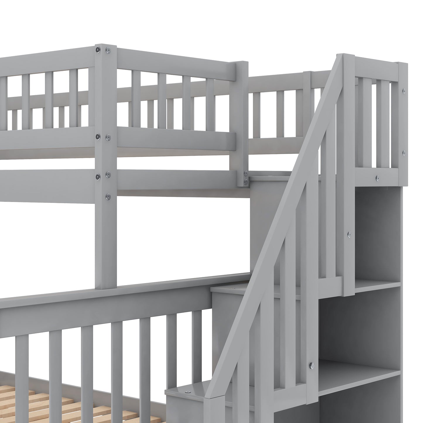 Gray Twin over Full Bunk Bed Set with Trundle, Staircase, and Storage