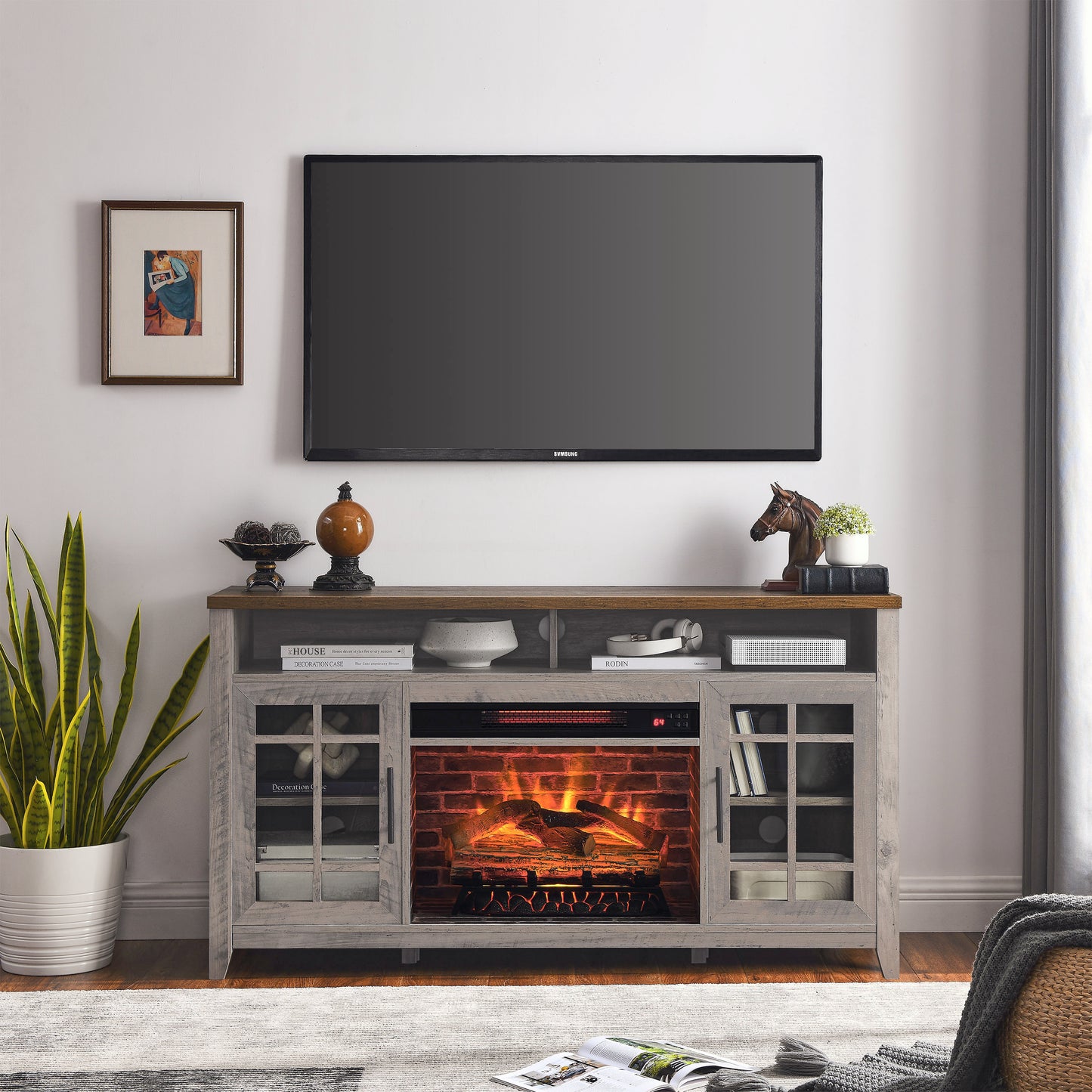 55 inch Gray Wash Electric Fireplace TV Stand with Supplemental Heater