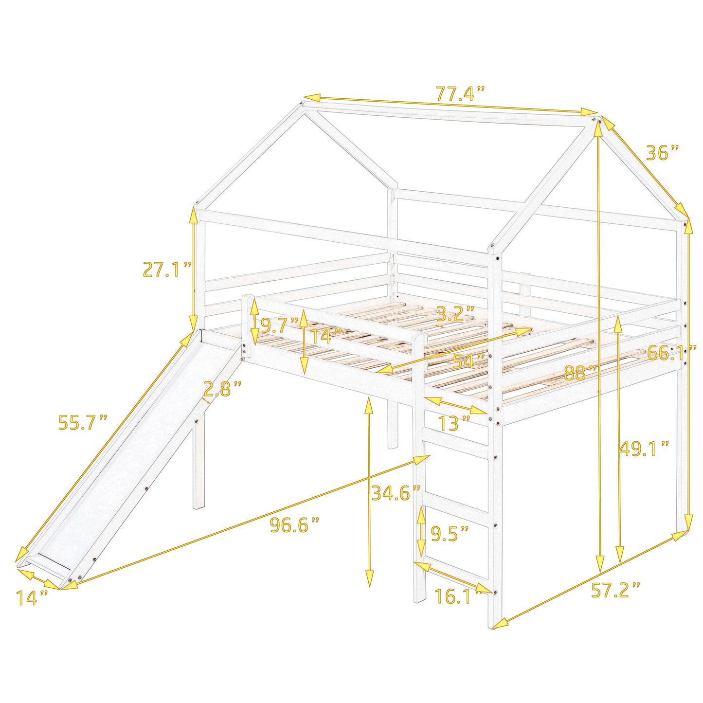 Full Size Loft Bed with Slide, House Bed with Slide,Gray( :WF281161AAE)