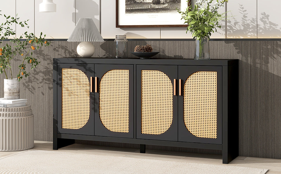 Modern TV Stand with Rattan Doors and Adjustable Shelves for 65-inch TV