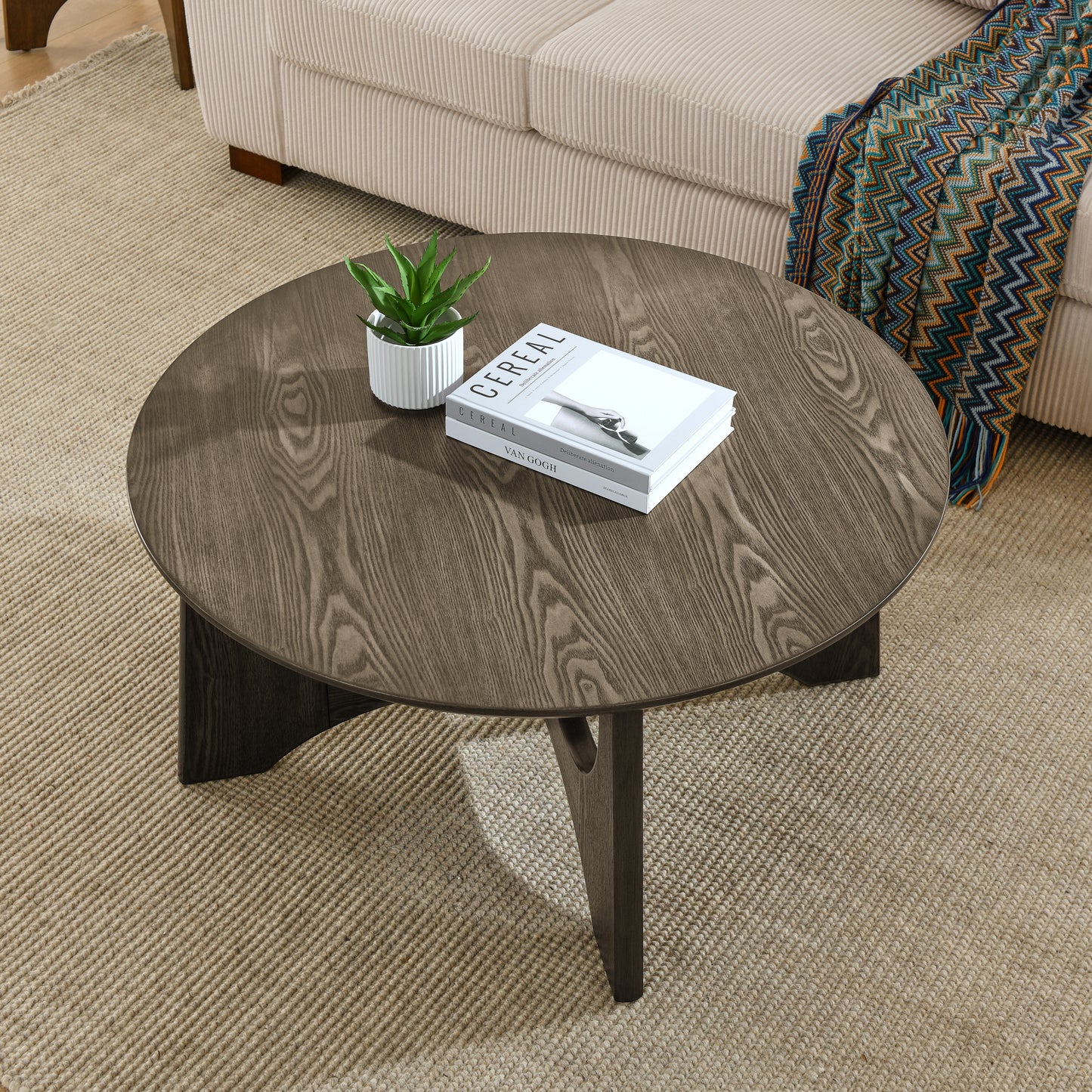 36-Inch Circular Wooden Coffee Table with Modern Minimalist Design