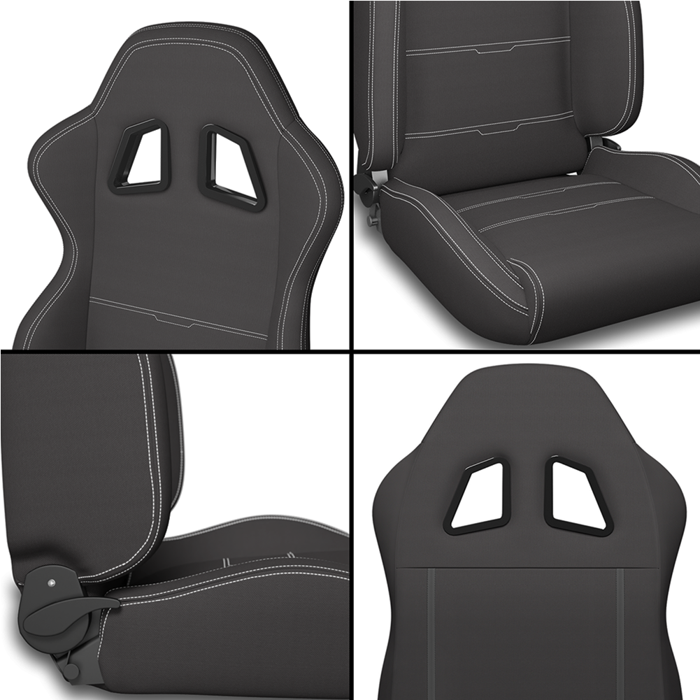 Sporty Reclinable Racing Seats - Pair of White Stripe Fabric Seats