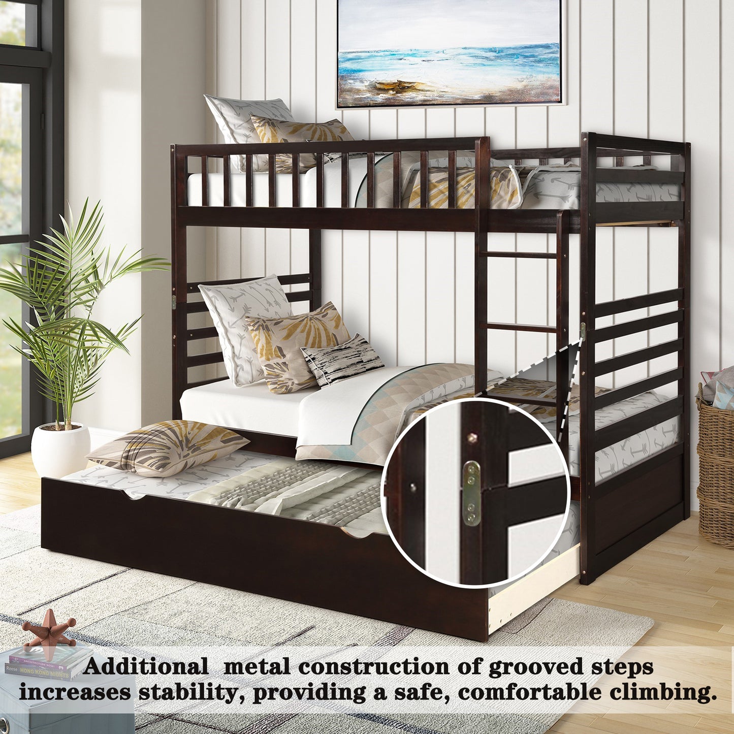 Children's Twin Bunk Beds with Trundle Bed and Safety Features